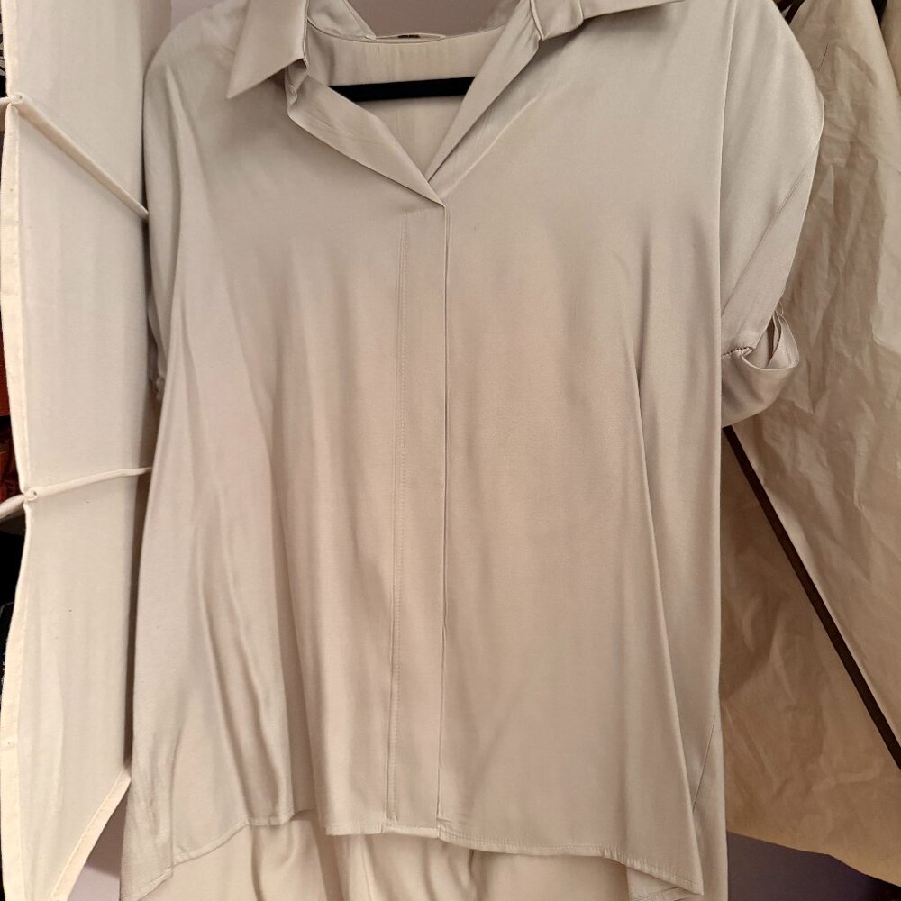 Pinkyotto Silky Neutral Draped Blouse— Capsule Wardrobe Basic